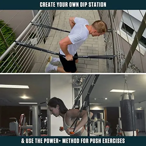 A90 Sling Trainer - smallest suspension trainer marketwide, 7 special functions incl. door pull-ups, barless dips, weightvest & more | Bodyweight Strength Trainer | including Angles90 Grips