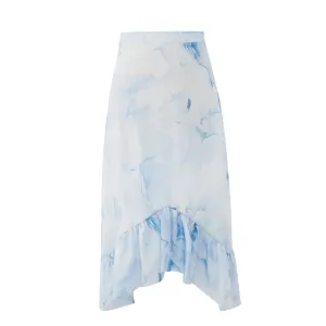 Blue Flower Wave Dip Hem Skirt