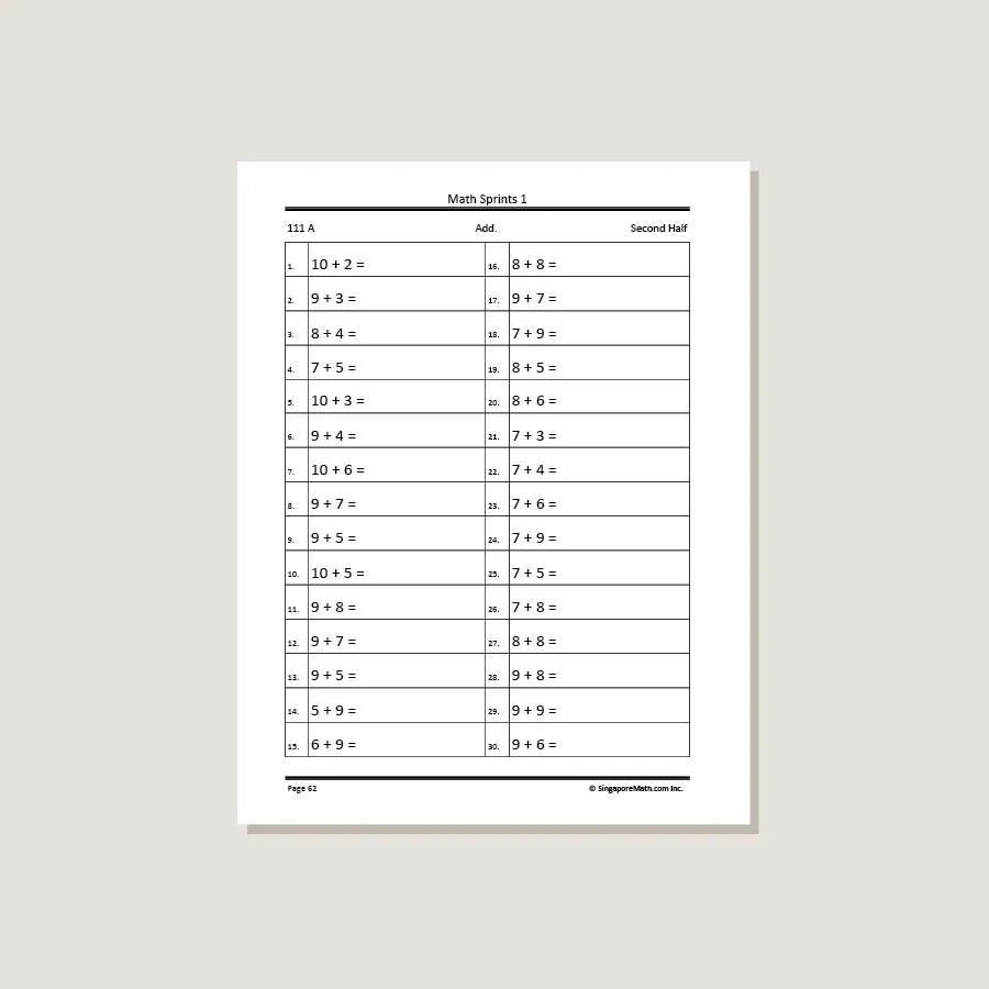 Math Sprints Blackline Master 1 - Permanently Out of Stock